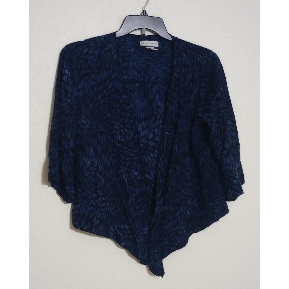 Nomadic Traders Blue Black Batik Leaf Print Tie Front Rayon Cardigan Top Small
